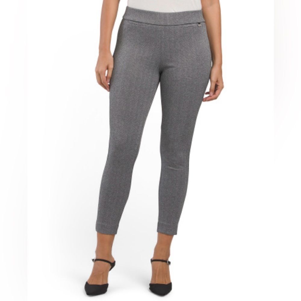 Anne Klein Houndstooth Gray Black Metallic Pull On Slim Fit Ankle Pants